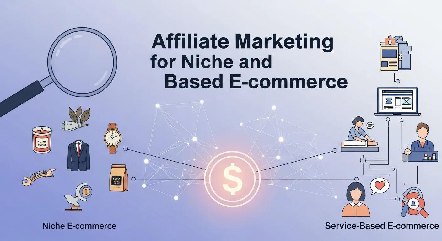 Digital marketing graphic showing affiliates promoting specialized products and online services to a niche market