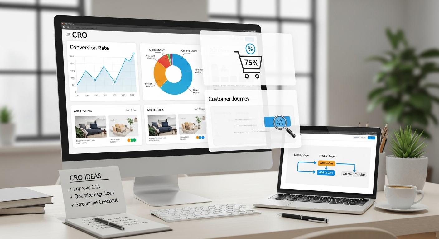 E-commerce CRO concept with analytics, testing, and strategies to increase conversions