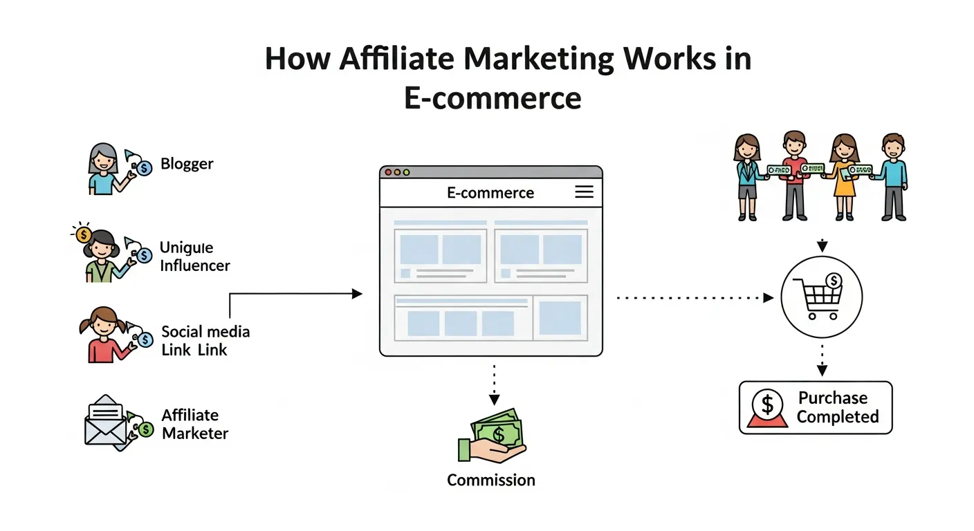 Digital marketing illustration showing affiliate promoting products online, customer clicking referral link, and store generating revenue