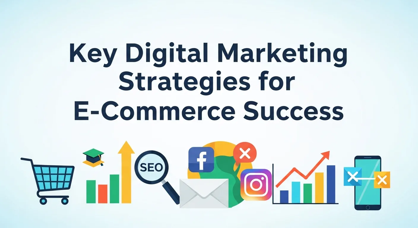 Flat design graphic of integrated e-commerce marketing strategies to increase revenue and brand visibility online