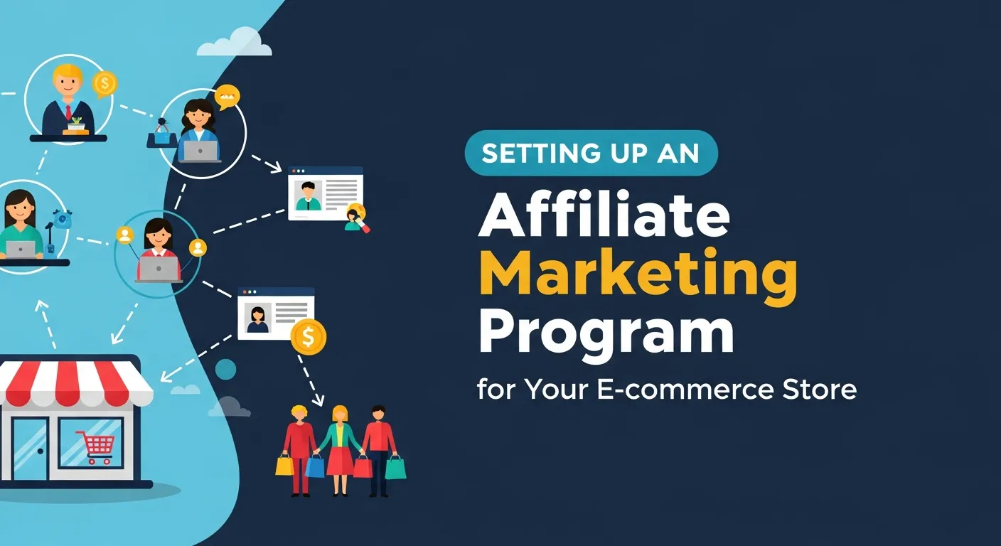 E-commerce platform screen displaying affiliate program setup, referral links, and performance analytics.