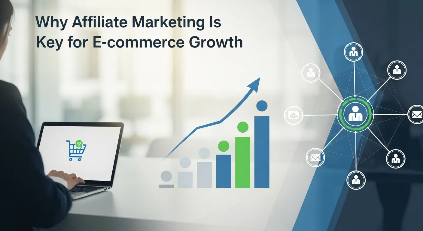 E-commerce growth strategy visual featuring affiliate partners, referral links, and rising sales analytics