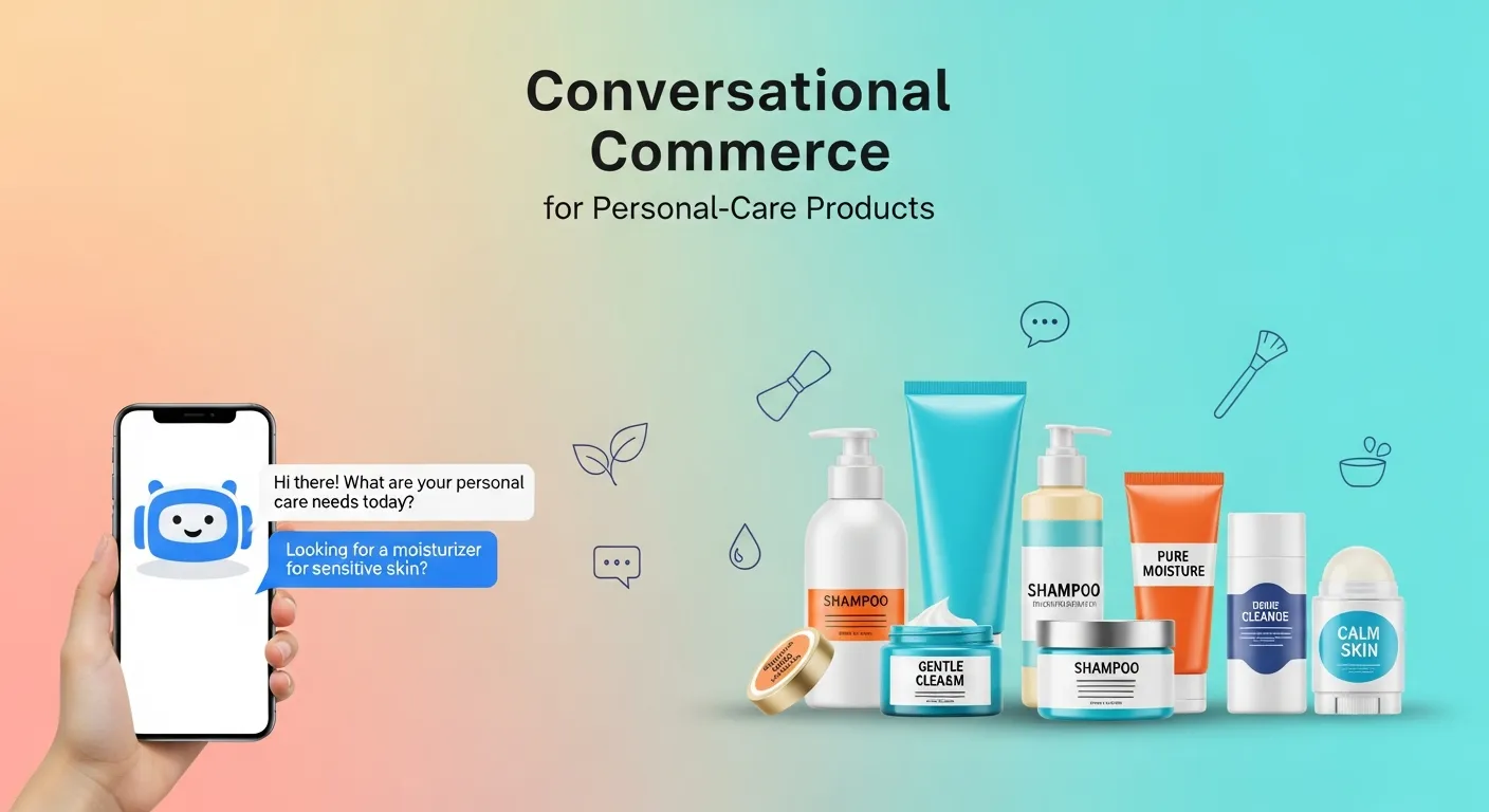 Illustration showing conversational commerce for personal-care e-commerce, with chatbots and messaging apps helping customers choose and buy skincare and beauty products online