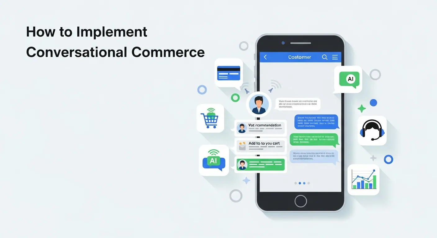 Illustration showing implementation of conversational commerce in e-commerce, with chatbots, messaging apps, and AI tools set up to assist customers and drive sales