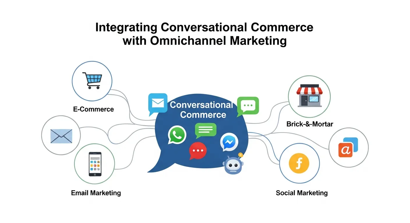 Digital marketing concept showing chatbots and messaging tools connected with omnichannel e-commerce strategy