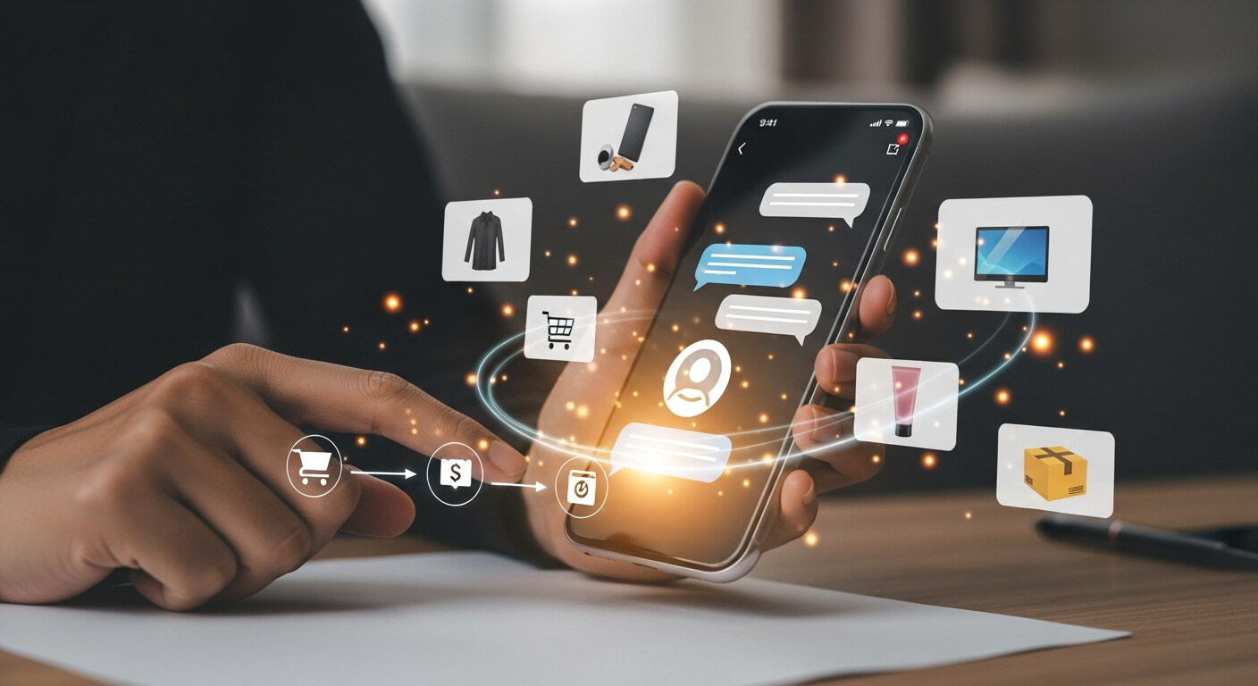 Digital marketing concept of conversational commerce using chatbots to help online shoppers