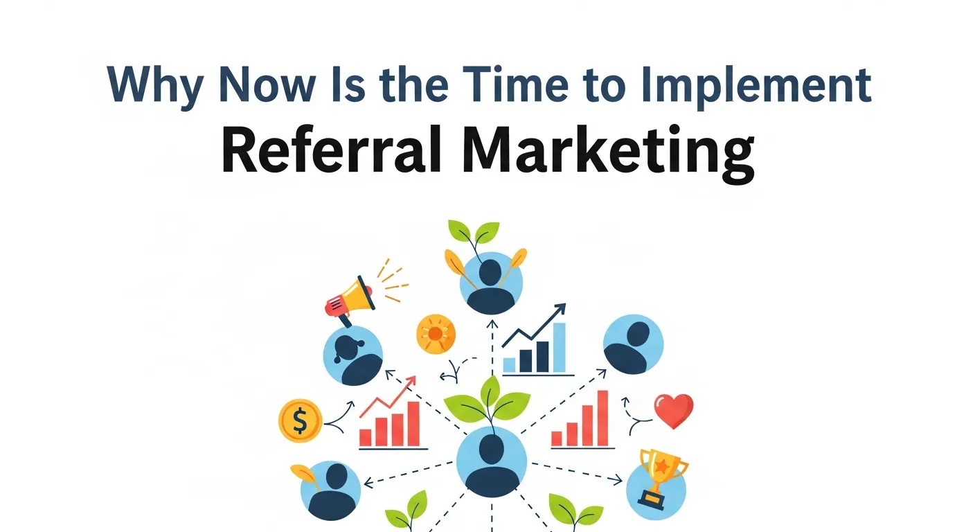 An illustration of a network of people exchanging recommendations, representing the power of referral marketing in today's business world